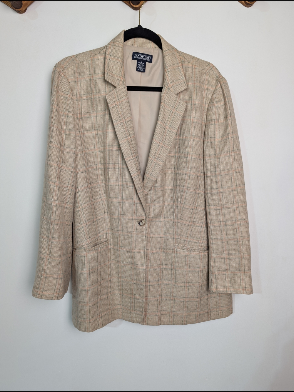 Vintage Land's End Single Breasted Linen Wool Silk Cream Plaid Blazer Women's 16